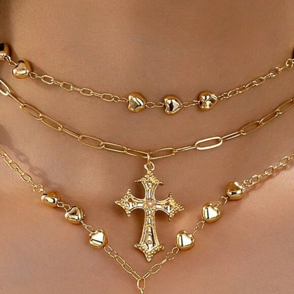 Cross Three pieces Necklace Set in Gold Color - Picture 2 of 4